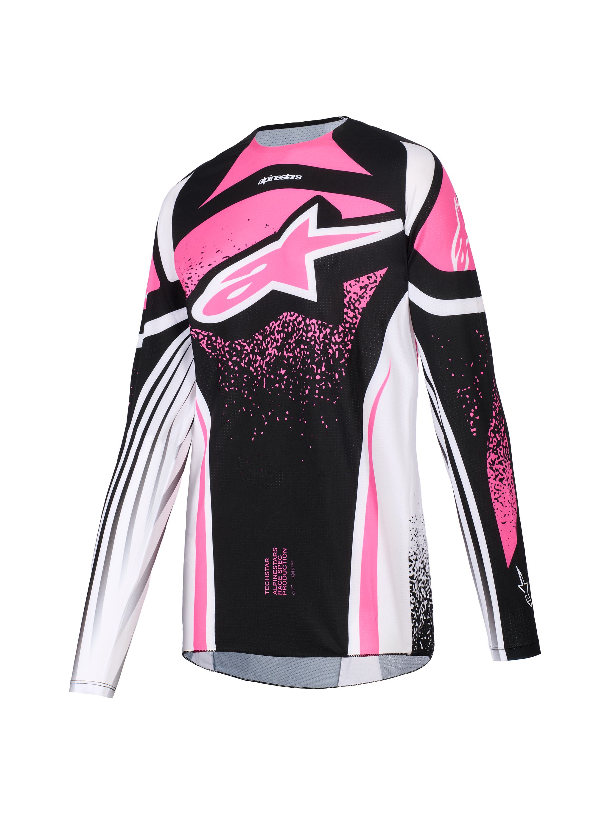 Alpinestars 2026 Woman Stella Techstar Nomur Jersey, Motocross Jersey, Black White and Fuchsia, long sleeve athletic fit, large pink star logo on chest with speckled graphics, performance off-road racing gear