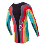 Alpinestars Women Stella 2024 Techstar Jersey, Motocross Jersey, Black Multicolor, rear view featuring a vibrant wavy multi-color pattern in red, yellow, and turquoise, white Astar logo on the lower back, Alpinestars branding on the sleeves.