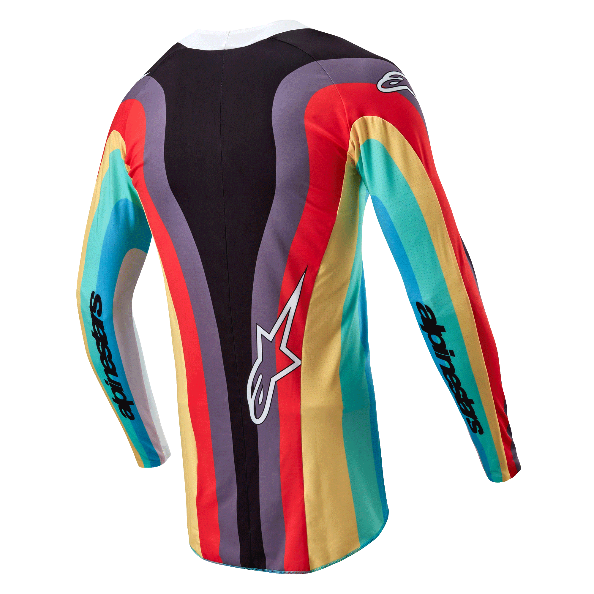 Alpinestars Women Stella 2024 Techstar Jersey, Motocross Jersey, Black Multicolor, rear view featuring a vibrant wavy multi-color pattern in red, yellow, and turquoise, white Astar logo on the lower back, Alpinestars branding on the sleeves.
