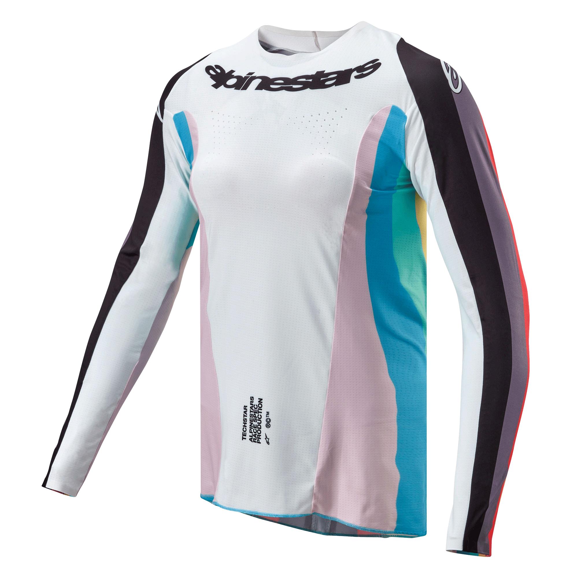 Alpinestars Women Stella 2024 Techstar Jersey, Motocross Jersey, Black Multicolor, white body with pink and teal side panels, black striped sleeves, Alpinestars chest logo, athletic women's fit with ventilation perforations