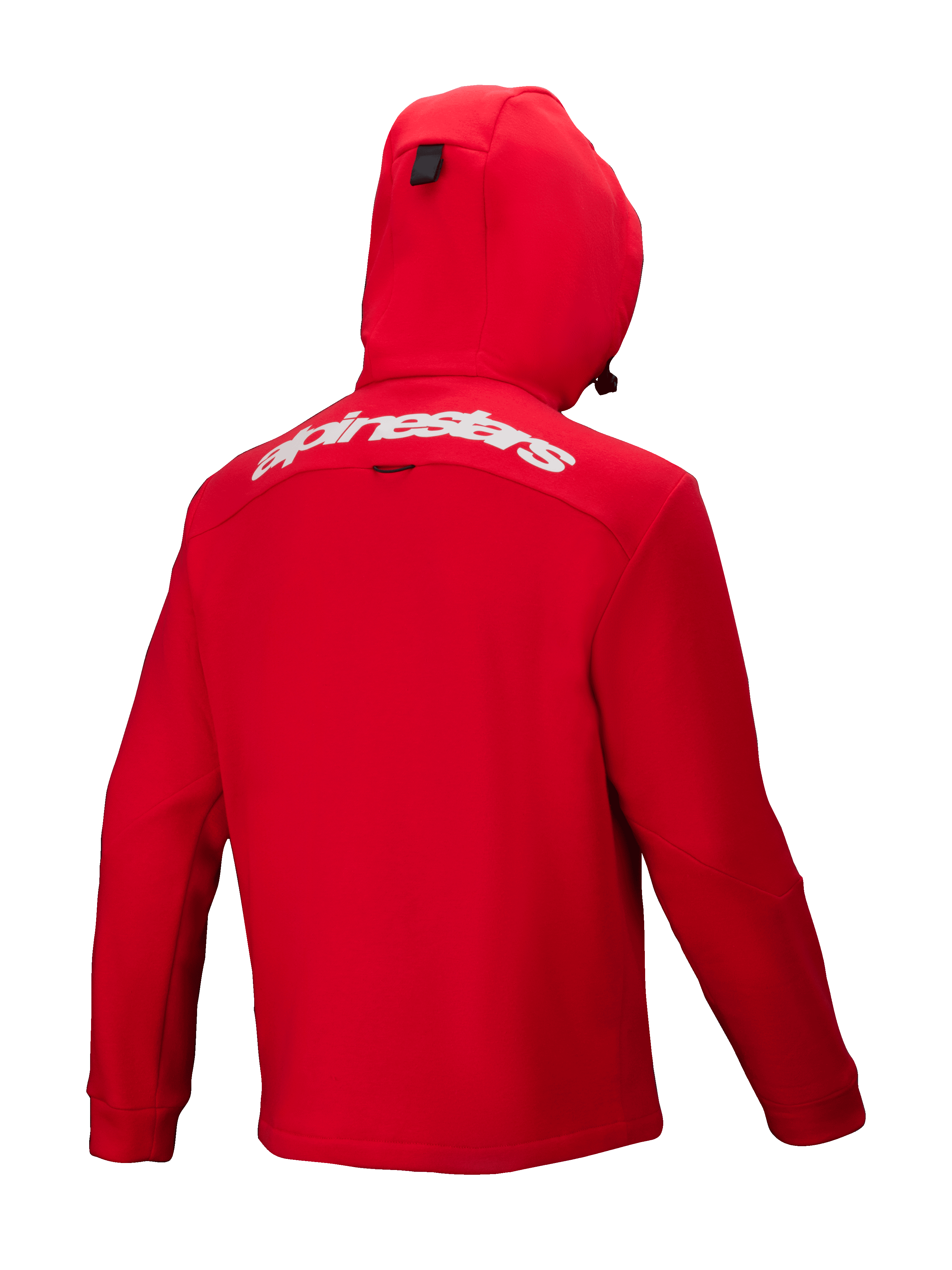 Alpinestars Racer MX Fleece, Bright Red motocross hoodie, back view, featuring a white Alpinestars wordmark across the upper back, integrated hood, and ergonomic design for off-road performance