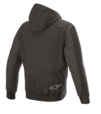 Alpinestars Rhod Windstopper Hoodie, Urban Motorcycle Riding Jacket, Melange Black, rear view featuring a detachable hood, ribbed cuffs and hem, and a subtle star logo on the back.