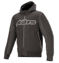 Alpinestars Rhod Windstopper Hoodie, Melange Black and Dark Gray, Large Light Gray Astars Logo on Chest, Full-Zip Hooded Motorcycle Jacket, Textured Side Panels, Ribbed Cuffs and Waistband, Urban Protective Riding Gear