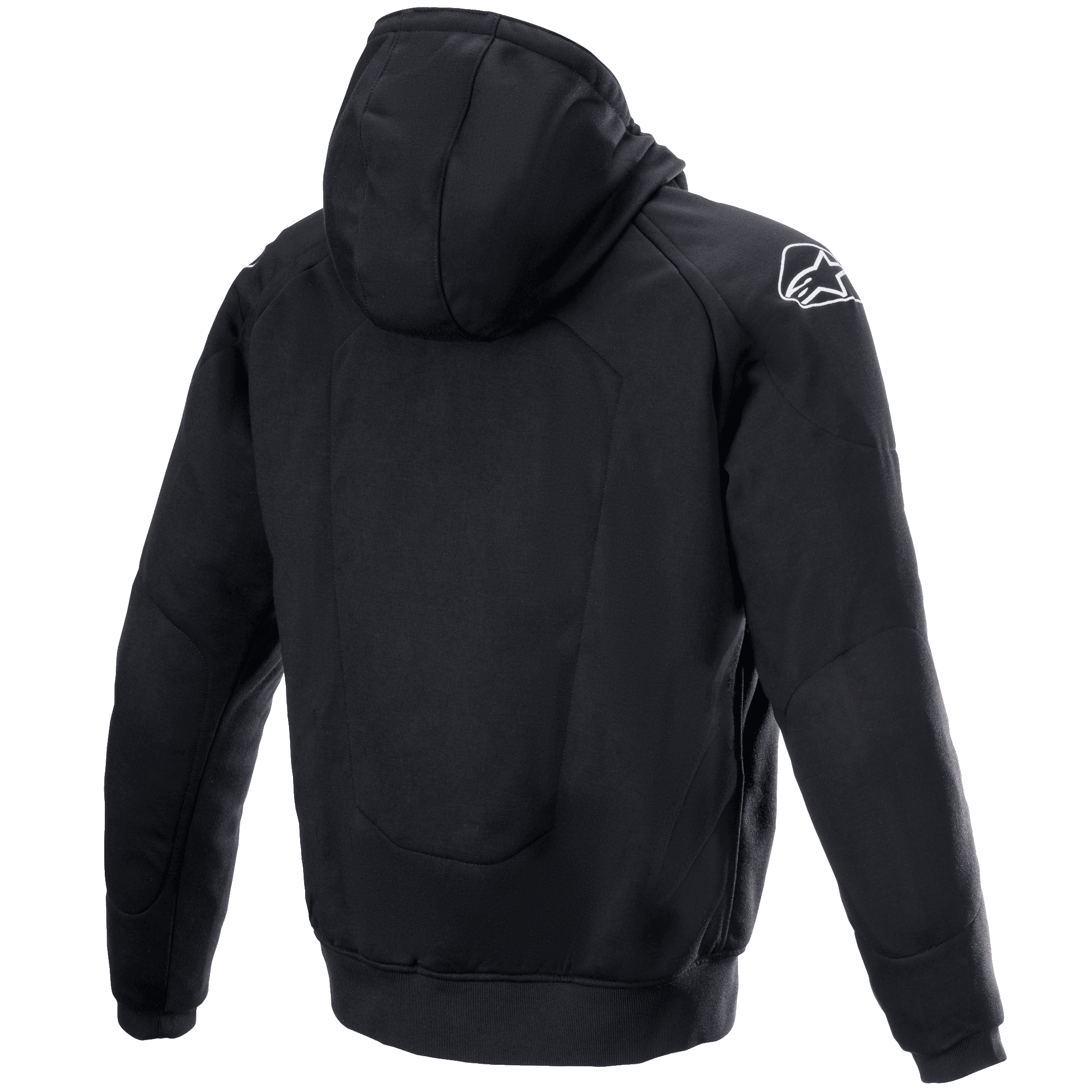 Alpinestars Chrome Ignition Hoodie, back view, black textile motorcycle hoodie, white Alpinestars logo on the right shoulder, casual urban protective riding gear with reinforced back and elbow panels