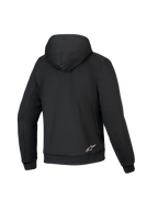 Alpinestars Honda Chrome V3 Sport Hoodie, Black, back view of motorcycle riding hoodie, tech fleece construction, featuring a hood with snap connection, ribbed cuffs and hem, and small white Alpinestars logo on the lower back