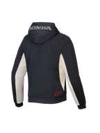 Alpinestars Honda Chrome V3 Sport Hoodie, urban motorcycle hoodie, Anthracite Melange and Off White, rear view showing silver Honda logo on the hood and red Alpinestars star logo on the lower back, tech fleece construction
