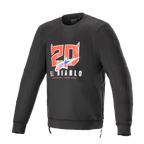 Alpinestars FQ20 Legit Crew Fleece, Black long-sleeve motorcycle sweatshirt, features red horned devil '20' and 'El Diablo' graphics on chest with blue and red fade logo, side zippers and ribbed trim, urban casual riding gear