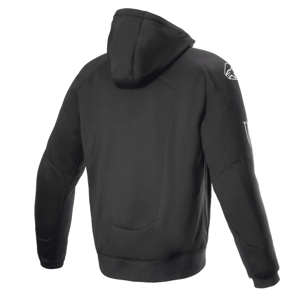 Alpinestars FQ20 Chrome Ignition Monster Hoodie, black motorcycle riding hoodie, back view, white Alpinestars logo on the shoulder, Monster Energy branding on the sleeve, casual urban design with protective textile construction