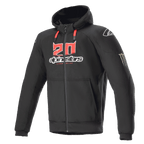 Alpinestars FQ20 Chrome Ignition Monster Hoodie, Black Zip-Up Motorcycle Hoodie, Red and White '20' Logo on Chest, Alpinestars Wordmark, Red Drawstrings, White Logo on Shoulder, Monster Energy Claw on Sleeve, Protective Urban Riding Gear