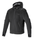 Alpinestars Moflow Air Tech Hoodie, Black motorcycle performance hoodie with high-density mesh chassis, zippered side pockets, thumb holes at cuffs, integrated shoulder and elbow protection, drawstring mesh hood, urban sporty design for warm weather riding