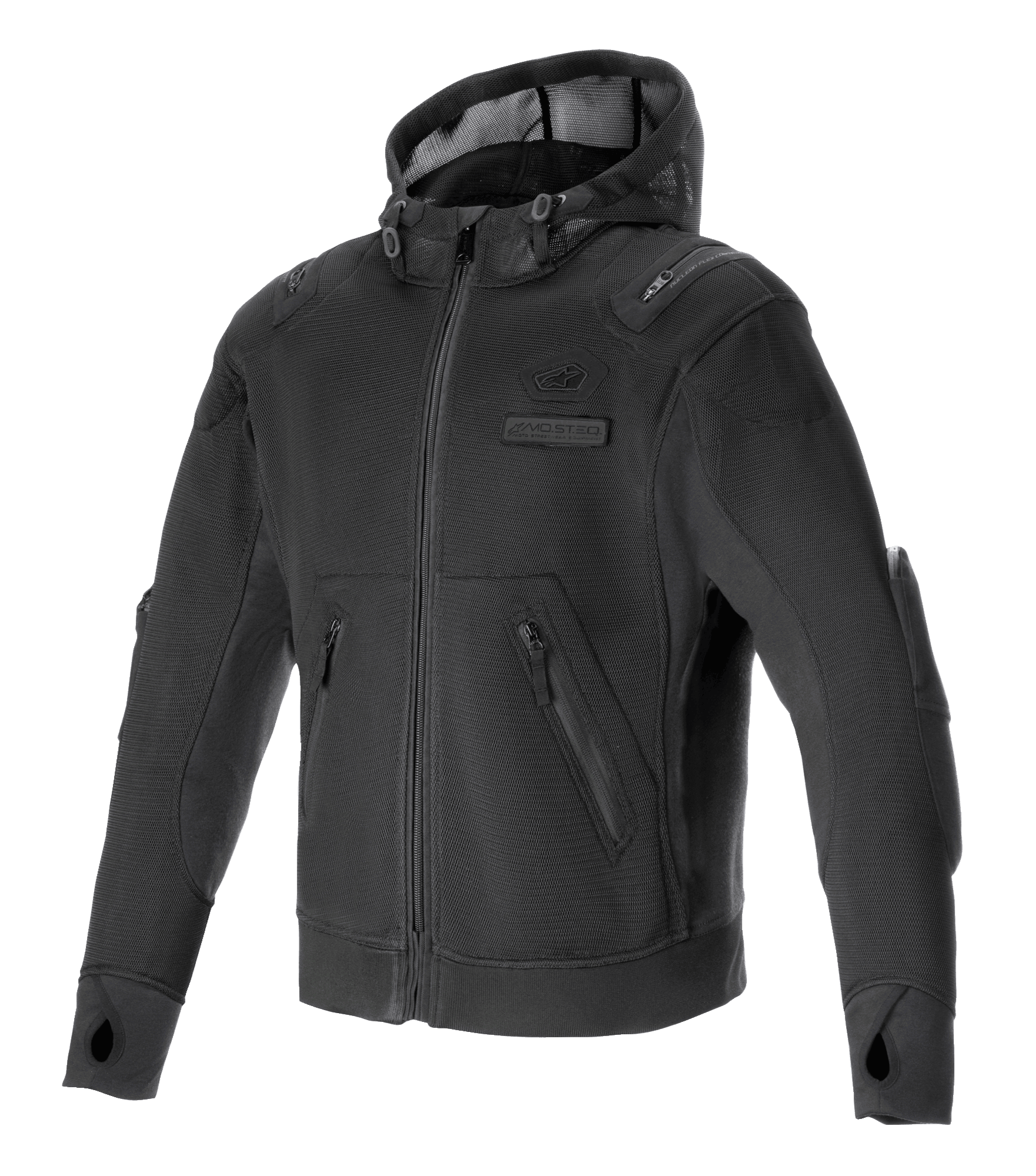 Alpinestars Moflow Air Tech Hoodie, Black motorcycle performance hoodie with high-density mesh chassis, zippered side pockets, thumb holes at cuffs, integrated shoulder and elbow protection, drawstring mesh hood, urban sporty design for warm weather riding