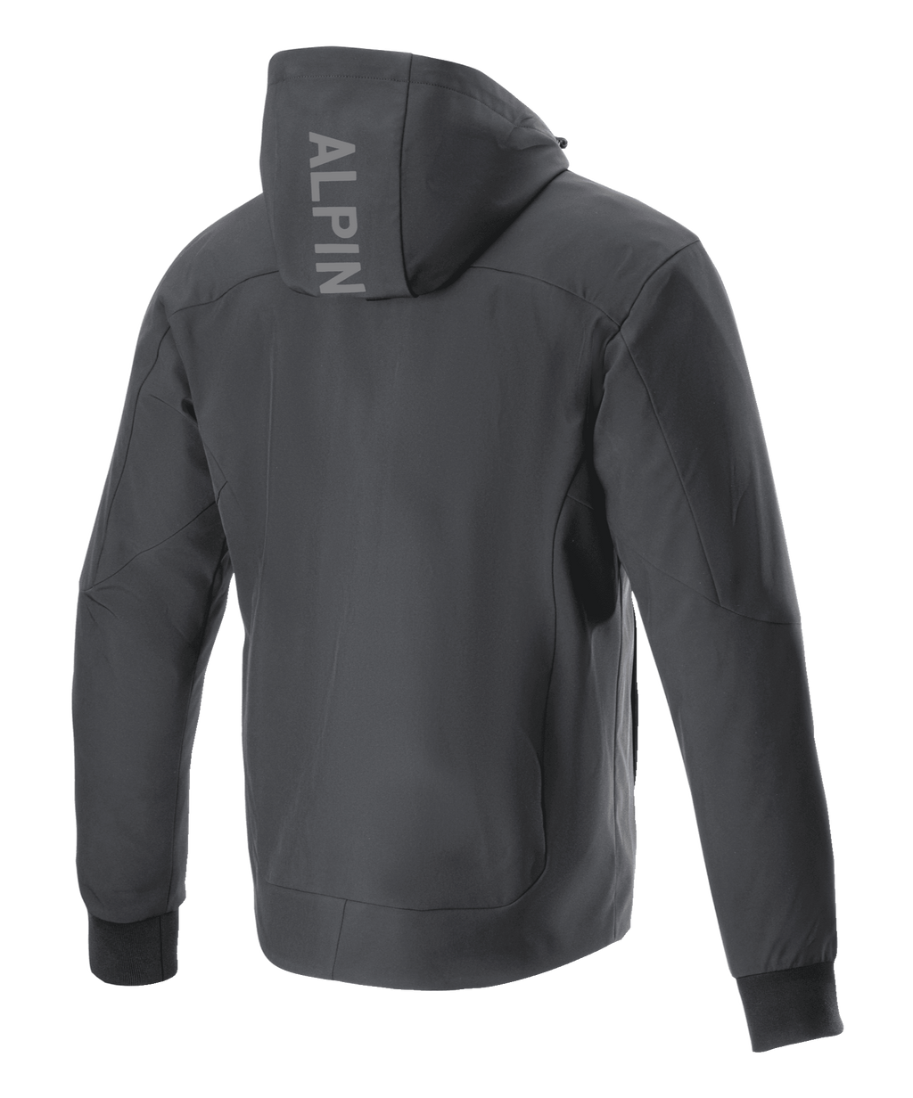 Alpinestars Radium Tech Hoodie, Motorcycle Jacket, Black, back view showing vertical ALPIN logo on the hood, windproof 3L tech shell construction, ribbed stretch cuffs, urban contemporary style