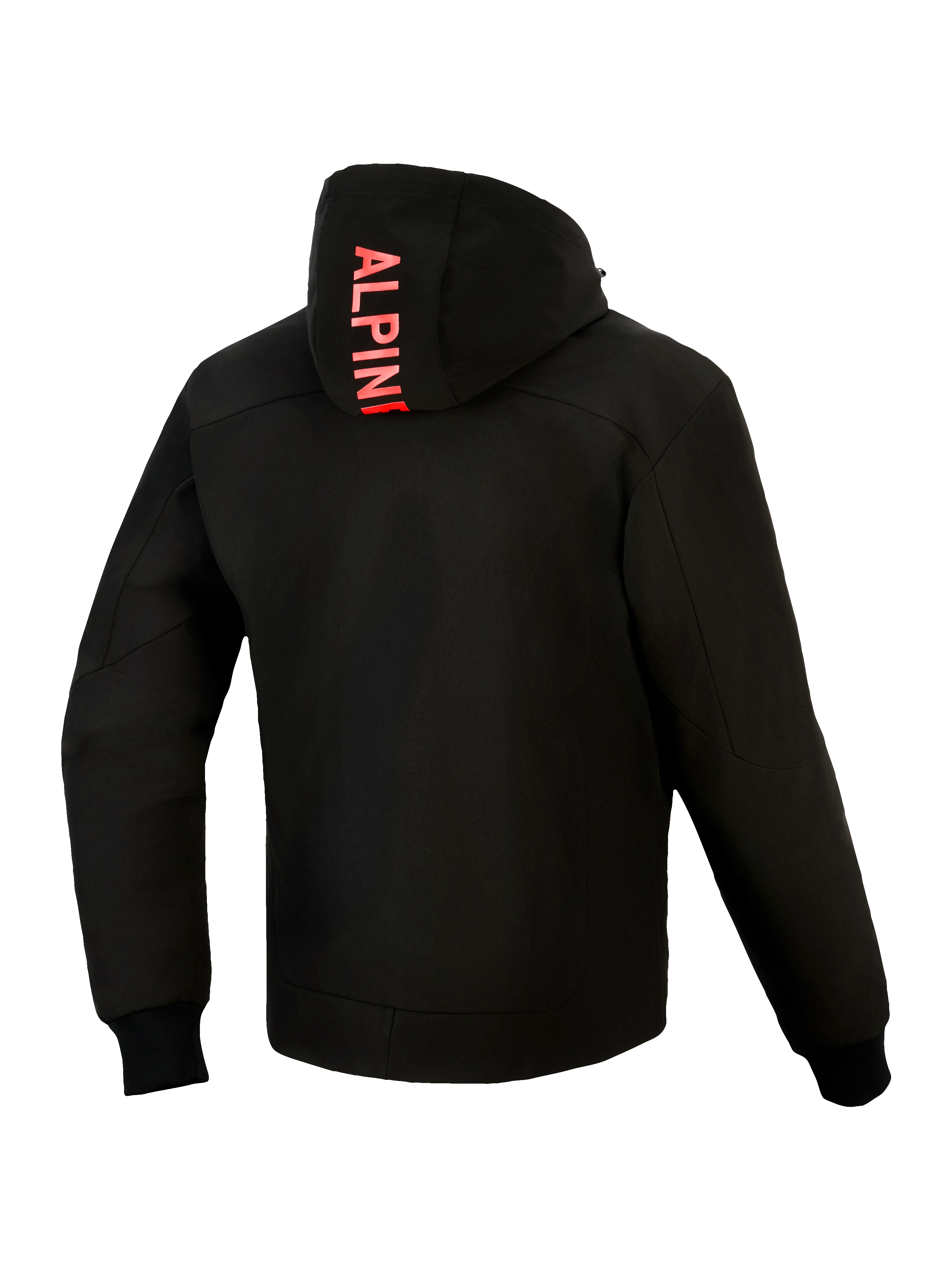 Alpinestars Radium Tech Hoodie, back view, Black with Bright Red, featuring vertical Alpinestars branding on the hood, 3-layer windproof technical shell, ribbed stretch cuffs, and a streamlined urban athletic fit.