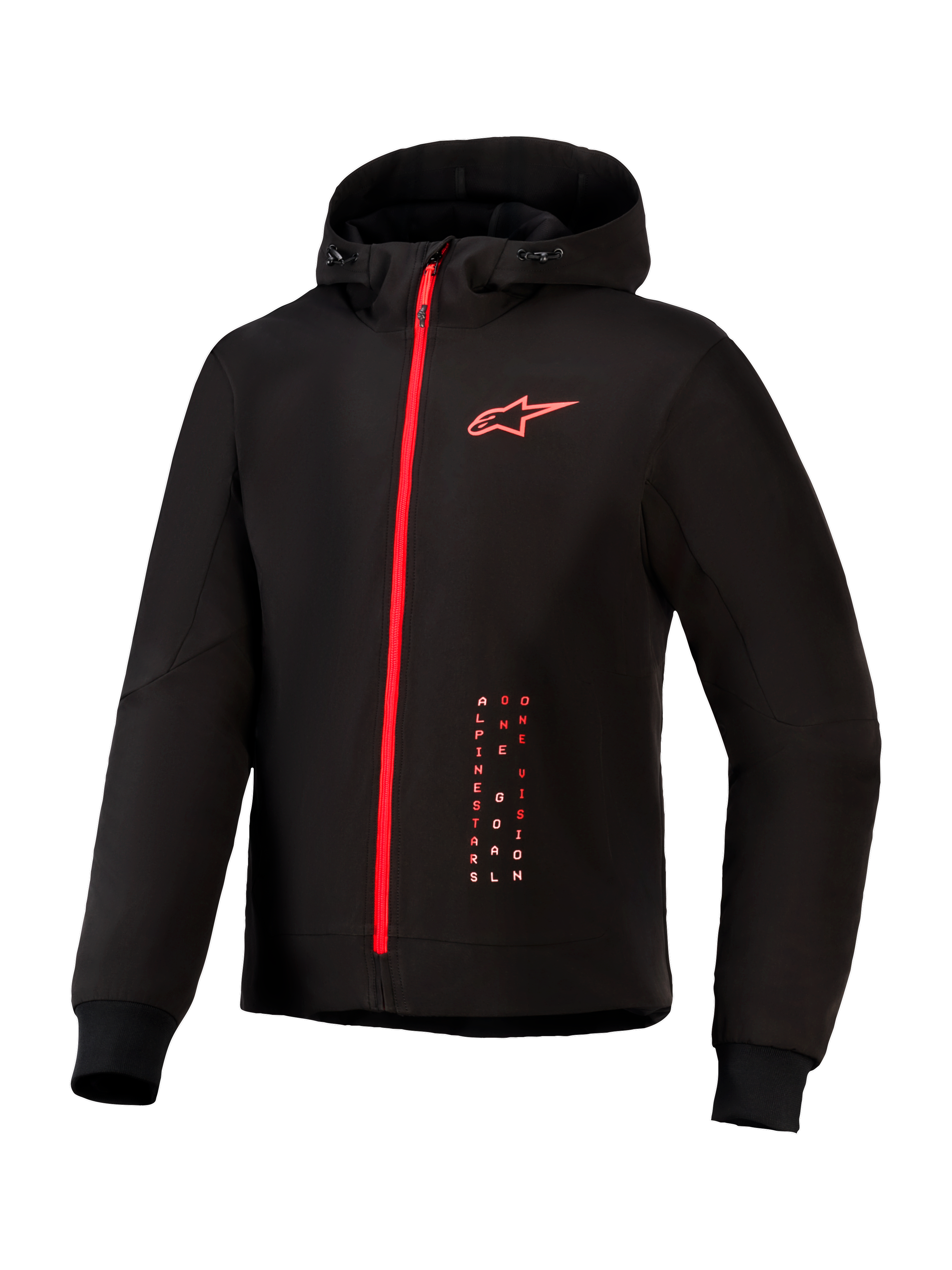 Alpinestars Radium Tech Hoodie, urban motorcycle riding jacket, Black and Bright Red, featuring a full-length red zipper, red Alpinestars logo on chest, drawstring hood, and ribbed cuffs on a technical windproof shell.