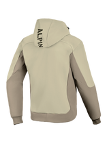 Alpinestars Radium Tech Hoodie, Back View, Mastic Aluminum, Urban Motorcycle Jacket, two-tone beige and gray textile design, vertical black branding on the hood, ribbed cuffs and hem, windproof tech shell for urban riding.