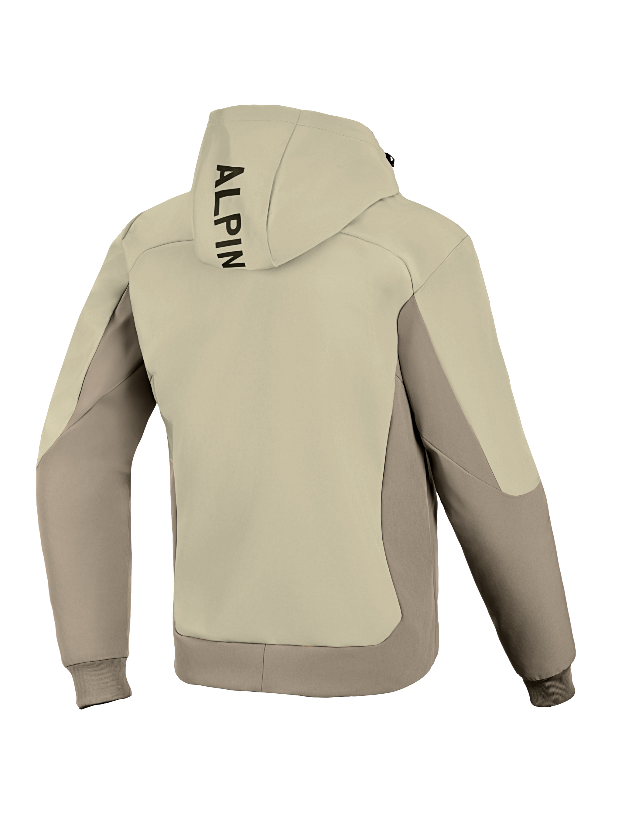 Alpinestars Radium Tech Hoodie, Back View, Mastic Aluminum, Urban Motorcycle Jacket, two-tone beige and gray textile design, vertical black branding on the hood, ribbed cuffs and hem, windproof tech shell for urban riding.
