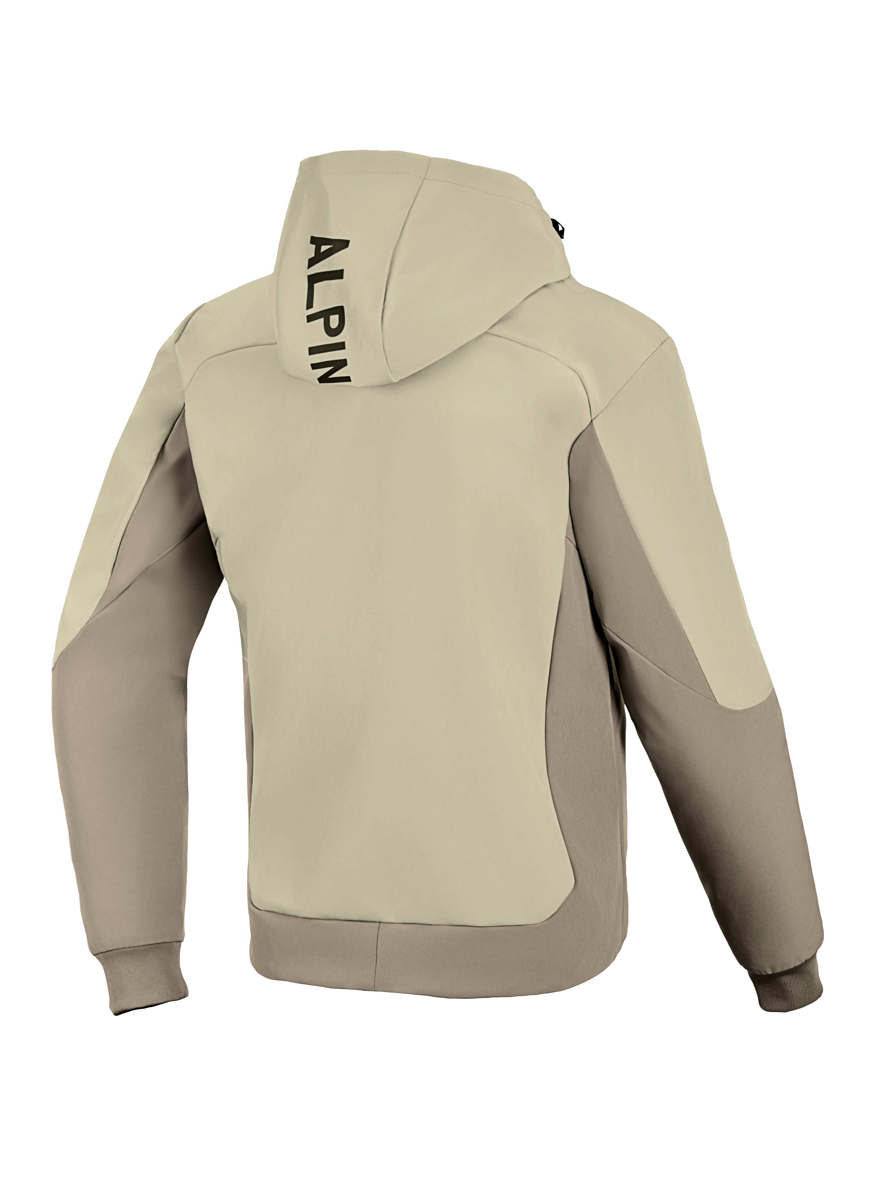 Alpinestars Radium Tech Hoodie, Back View, Mastic Aluminum, Urban Motorcycle Jacket, two-tone beige and gray textile design, vertical black branding on the hood, ribbed cuffs and hem, windproof tech shell for urban riding.