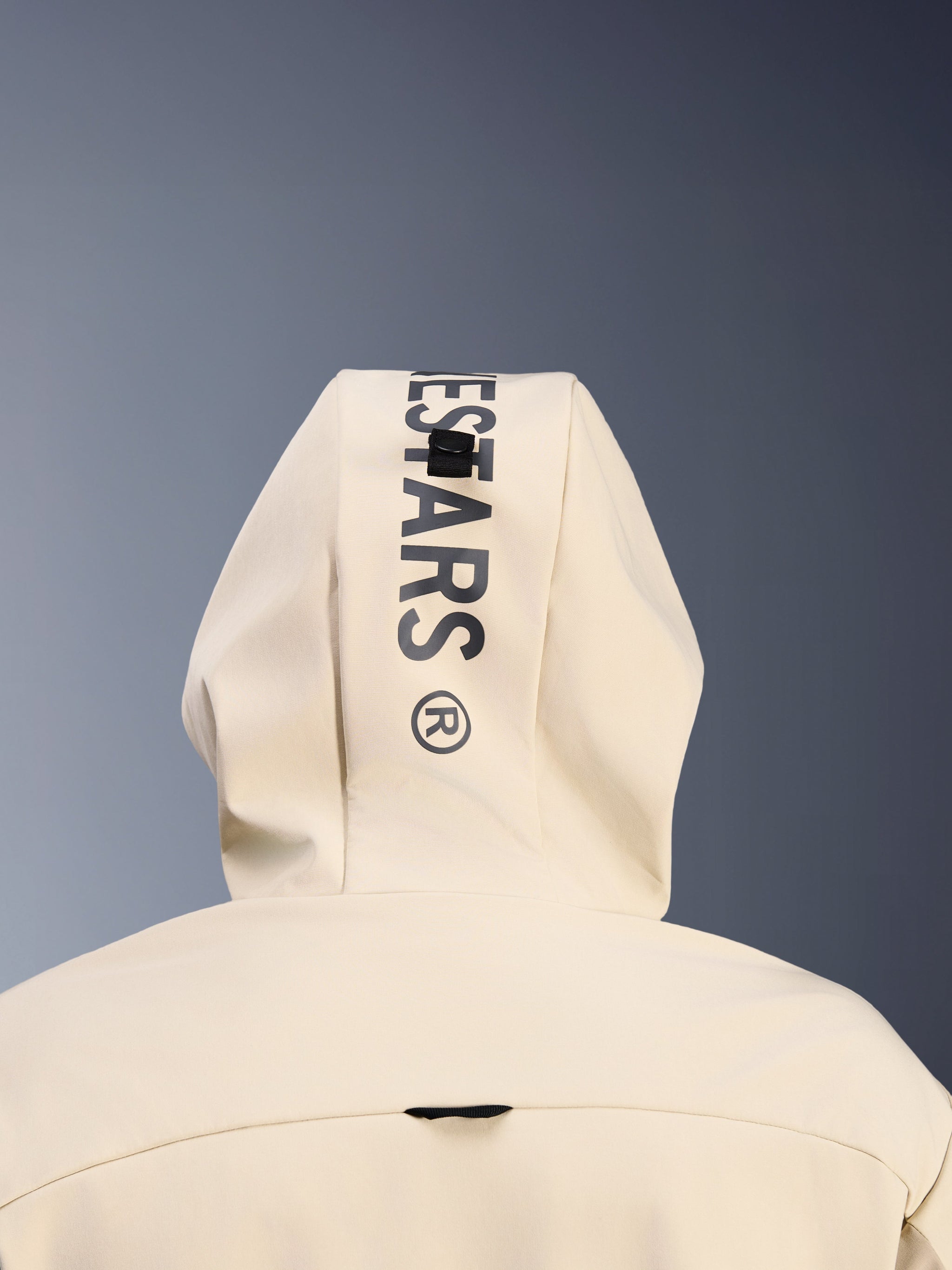 Alpinestars Radium Tech Hoodie in Mastic Aluminum, close-up back view of the hood showing vertical black Alpinestars branding and the hood attachment loop system, urban motorcycle apparel detail