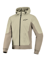 Alpinestars Radium Tech Hoodie, Technical Motorcycle Hoodie Jacket, Mastic Aluminum, zip-up design with small black logo on chest and vertical graphic, windproof shell with adjustable hood