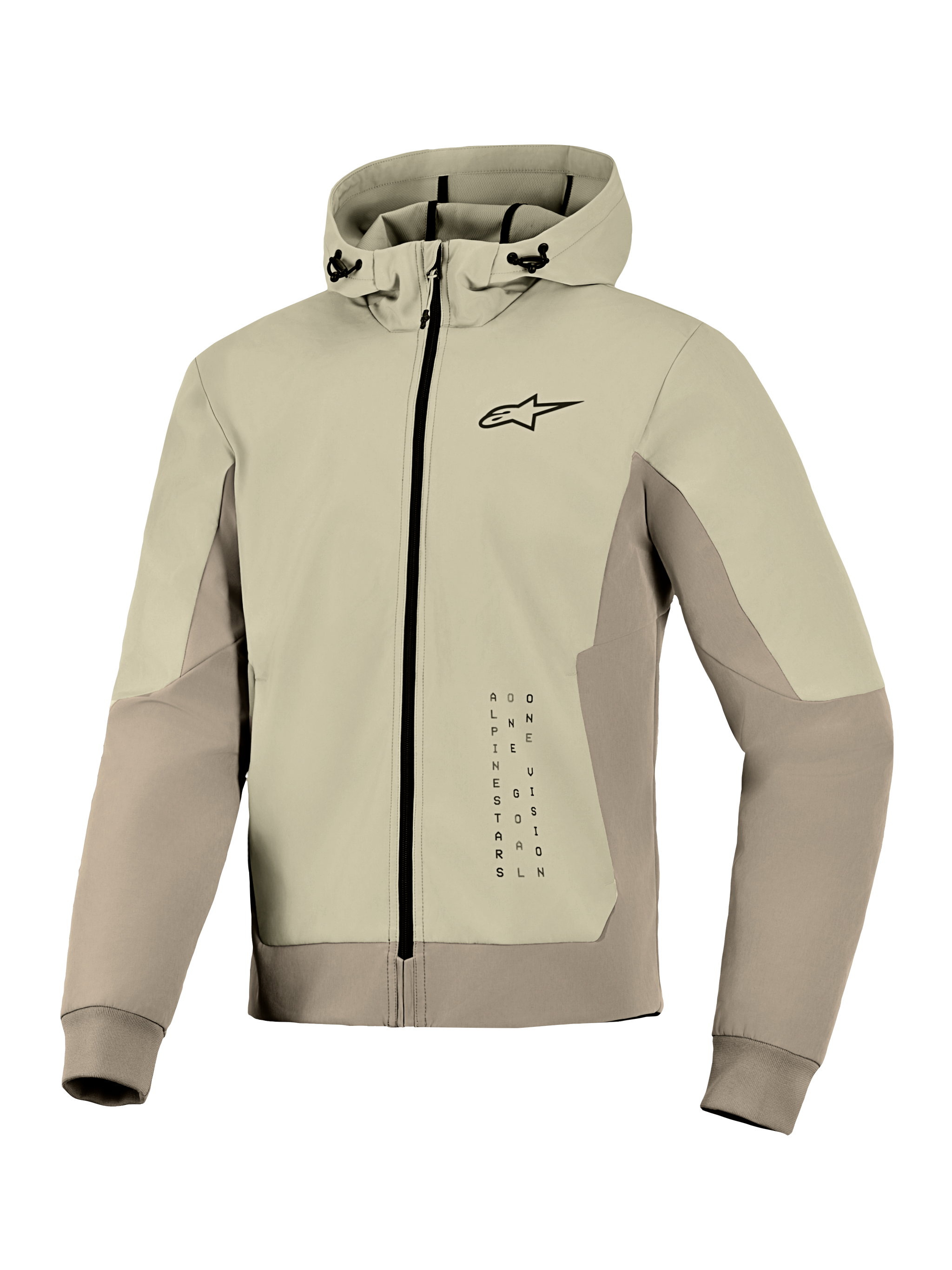 Alpinestars Radium Tech Hoodie, Technical Motorcycle Hoodie Jacket, Mastic Aluminum, zip-up design with small black logo on chest and vertical graphic, windproof shell with adjustable hood