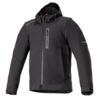 Alpinestars Neo Waterproof Hoodie, Black, urban motorcycle jacket, smooth water-resistant fabric, full front zipper, vertical zippered chest pocket, attached drawstring hood, reflective accents on sleeves, adjustable velcro cuffs, technical commuter style