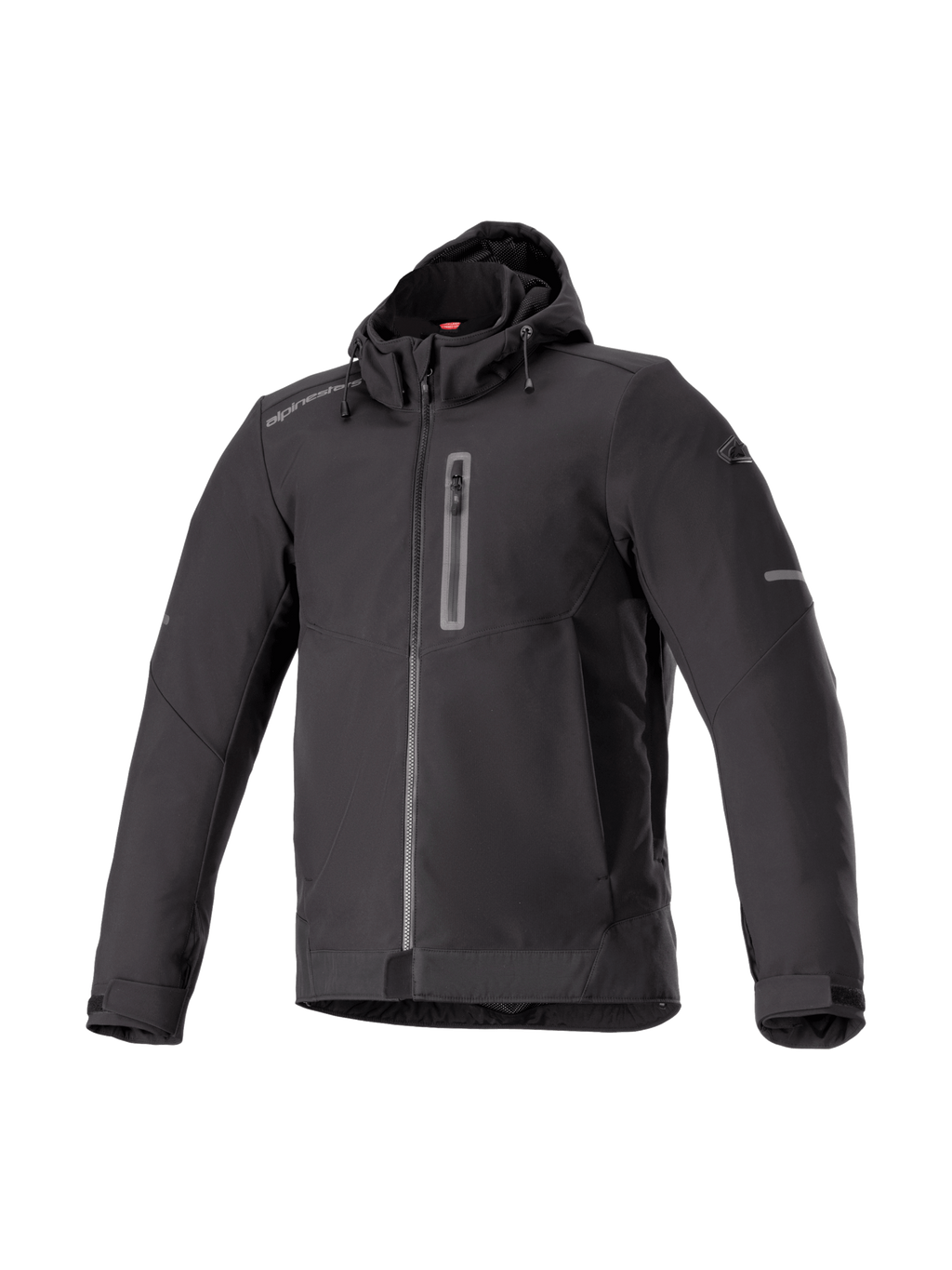Alpinestars Neo Waterproof Hoodie, men's black urban motorcycle jacket, waterproof softshell textile, Tech-Air Ready.