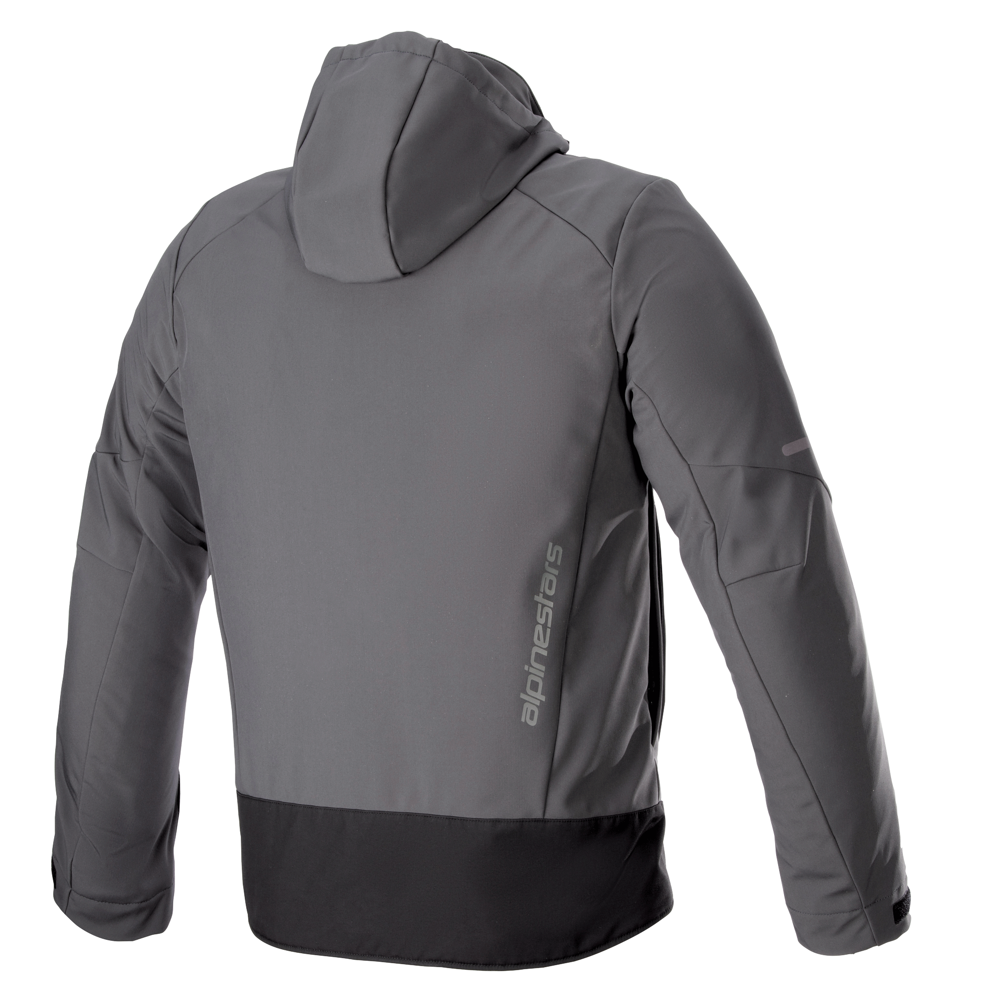 Alpinestars Neo Waterproof Hoodie, technical urban motorcycle jacket, Tar Gray and Black, back view featuring vertical Alpinestars branding, detachable hood, waterproof softshell construction with a black hem panel.