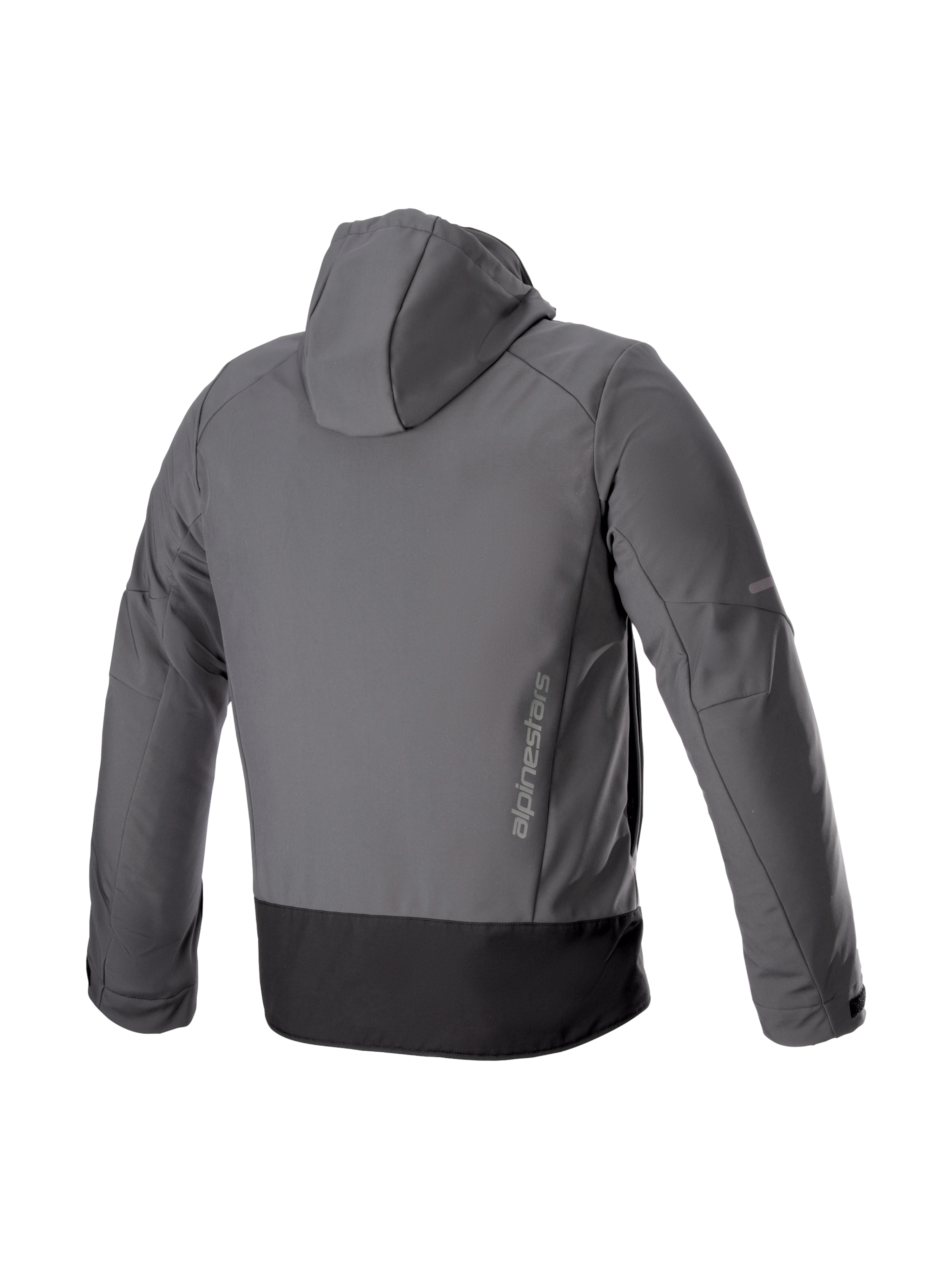 Alpinestars Neo Waterproof Hoodie, urban motorcycle riding jacket in Gray and Black, rear view showing textile softshell and vertical branding.