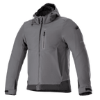 Alpinestars Neo Waterproof Hoodie, Urban Motorcycle Jacket, Tar Gray and Black, front-zip hooded jacket with chest pocket, adjustable Velcro cuffs, technical weather-resistant softshell, modern sleek design