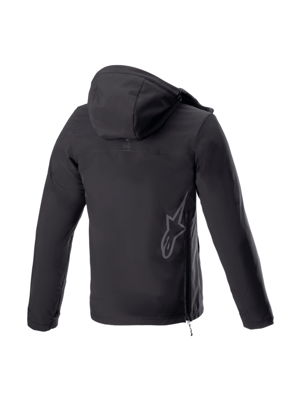 Alpinestars Sherpa Hoodie, black softshell urban motorcycle jacket, back view with reflective logo and side zip.