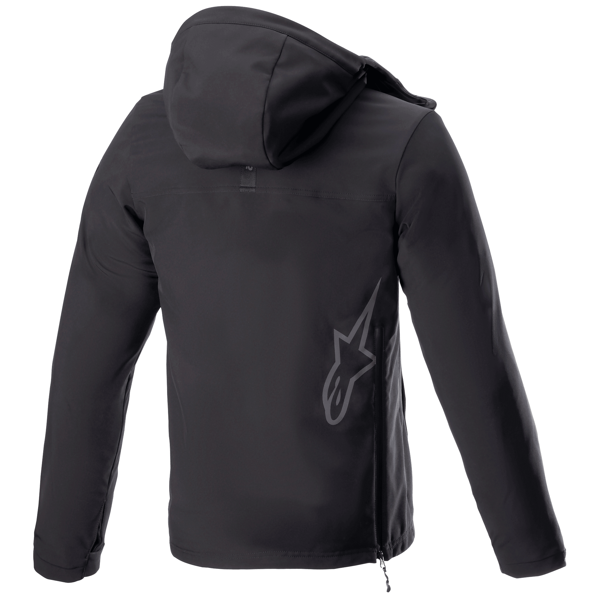Alpinestars Sherpa Hoodie, Urban Motorcycle Hoodie Jacket, Black Reflex, rear view featuring a large reflective Alpinestars star logo on the lower back, side zipper closure, and hood, windproof softshell design.