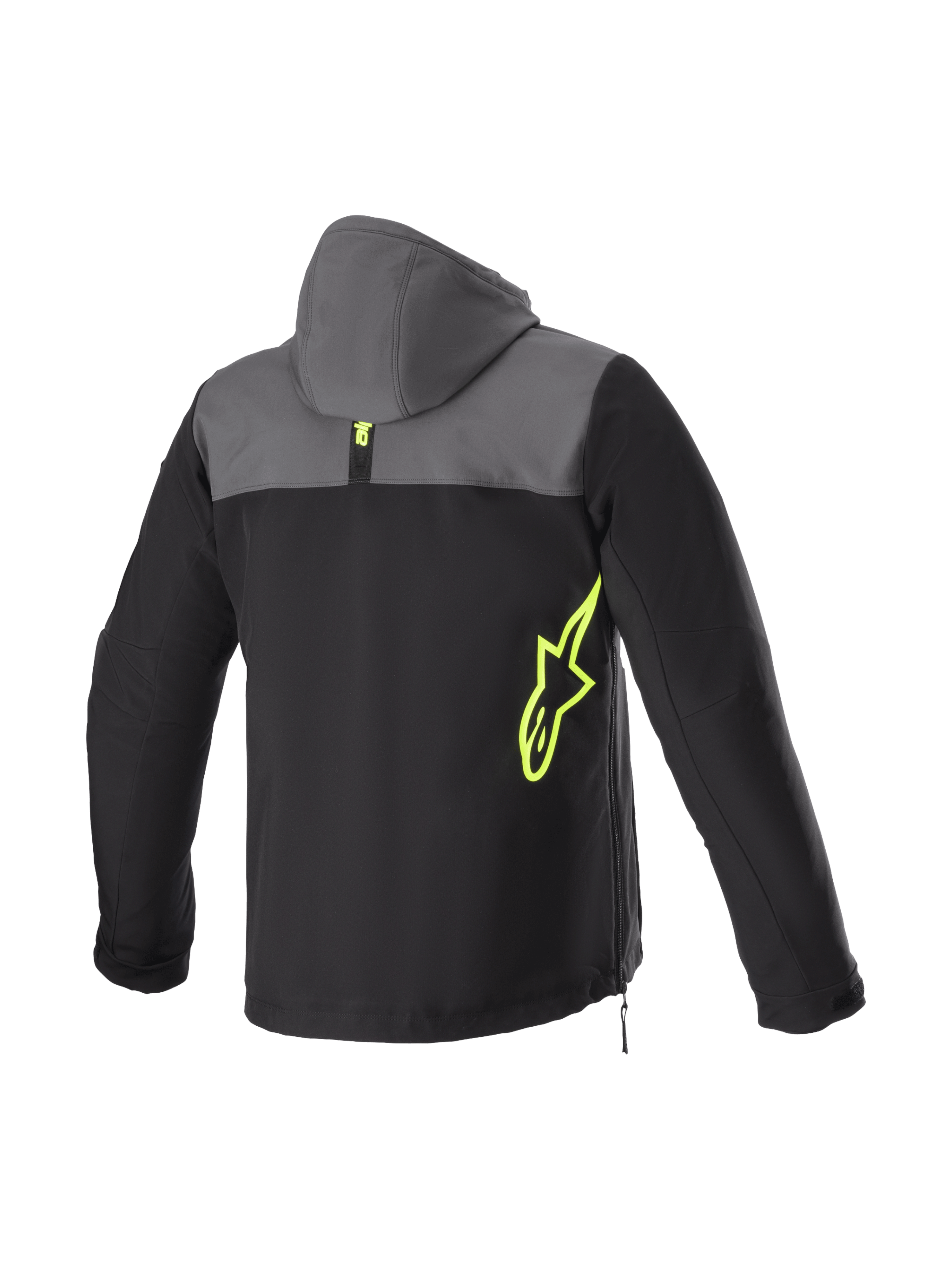 Alpinestars Sherpa Hoodie, Men's Urban Motorcycle Jacket, Black and Tar Gray softshell with Yellow Fluo logo.