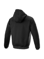 Alpinestars Ageless Hoodie, black textile urban motorcycle jacket featuring internal riding protection, back view.