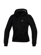 Alpinestars Stella Chrome Superairflow Hoodie, women's technical motorcycle hoodie, Black, featuring 3D mesh construction, copper logo patch on chest, full-zip front, and hood, designed for maximum ventilation and urban protection