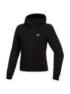 Alpinestars Stella Radium Tech Hoodie, Women's Motorcycle Hoodie, Black, 3-layer windproof tech shell, front view, drawstring hood and ribbed cuffs, urban protective riding apparel