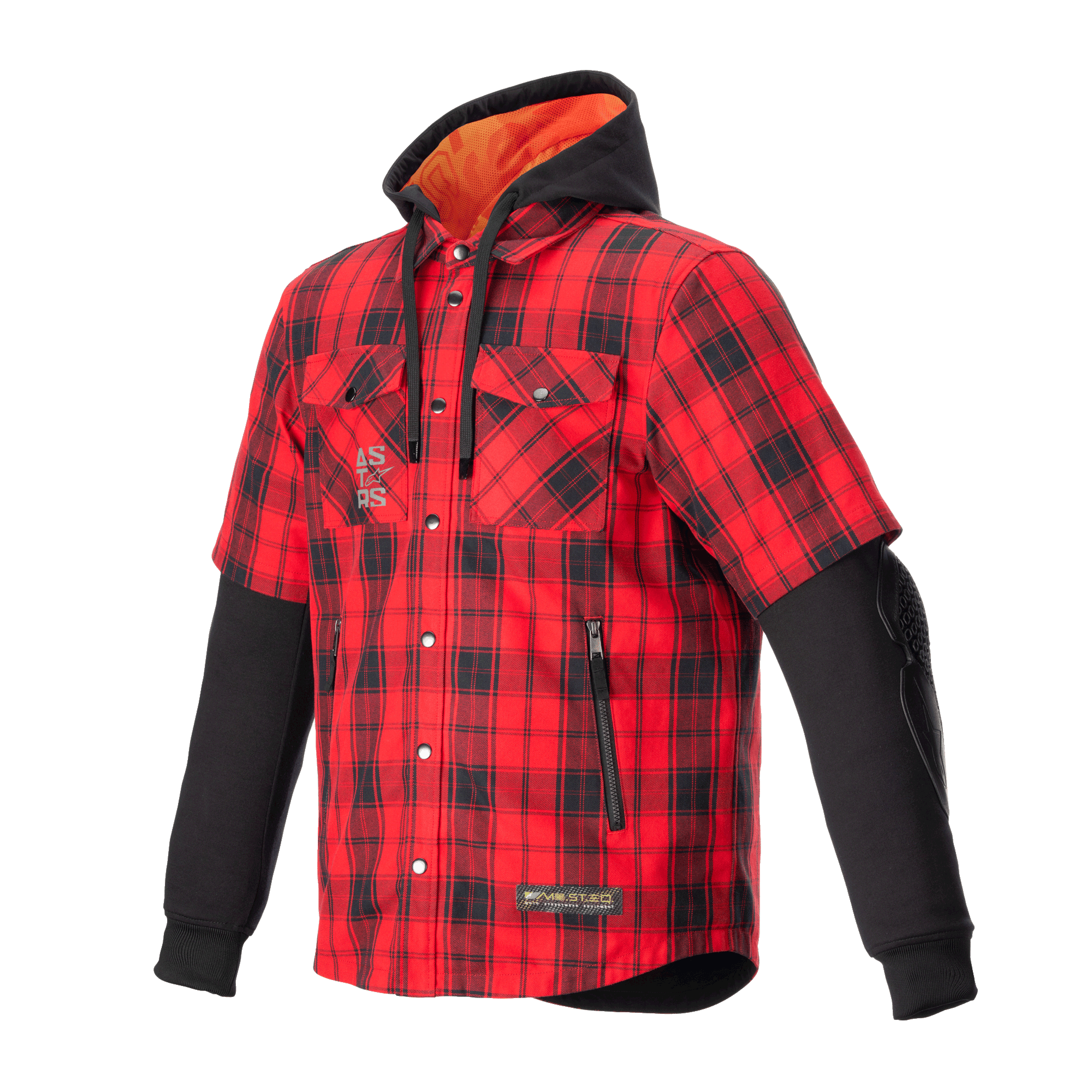 Alpinestars MO.ST.EQ Tartan Shirt, Flame Red and Black plaid motorcycle shirt, hybrid design with short outer sleeves and long black inner sleeves, black hood with orange mesh lining, snap-button front with zippered hand pockets, urban streetwear protective riding gear