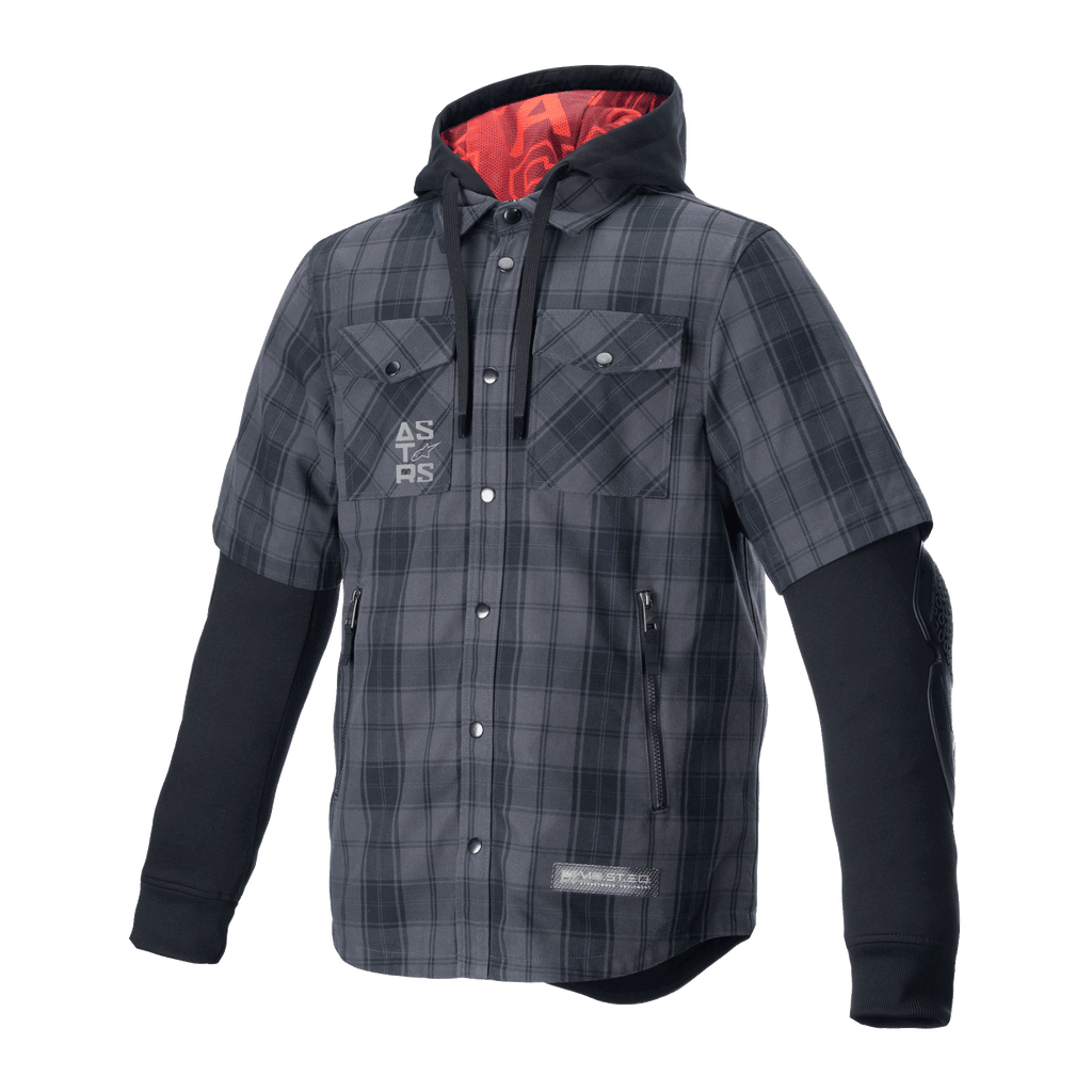 Alpinestars MO.ST.EQ Tartan Shirt, protective motorcycle shirt-jacket, Tar Gray Black checkered pattern, short-sleeved plaid outer with integrated black long-sleeved hoodie, red hood lining, chest and hand pockets, casual urban riding apparel