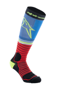 Alpinestars MX Pro Socks V2, Motocross Knee-High Socks, Black Red and Light Blue, ribbed athletic design with yellow star logo, moisture-wicking performance fabric for off-road racing
