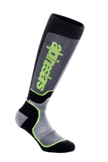 Alpinestars MX Plus Socks, Motocross Knee-High Socks, Black Gray and Yellow Fluo, featuring vertical Alpinestars branding, ribbed and mesh textures, technical performance riding gear