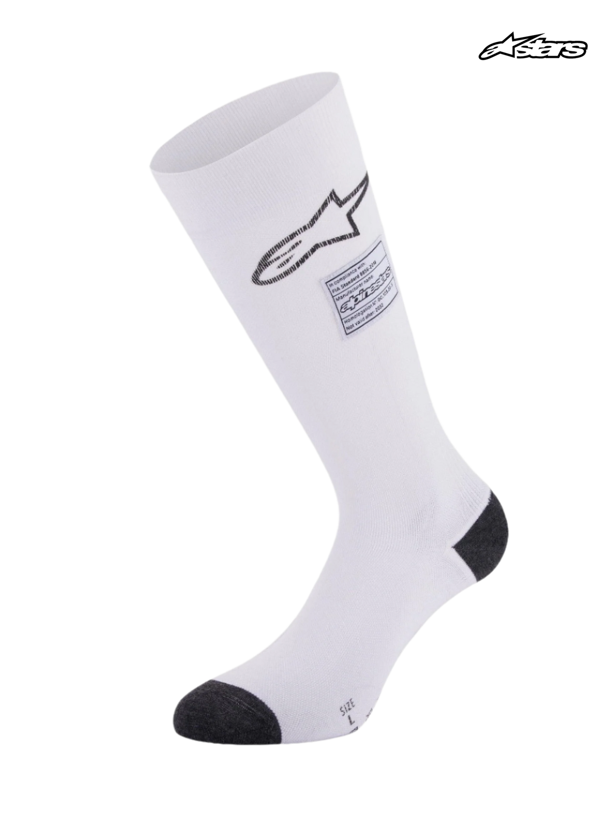 Alpinestars ZX V4 Socks, auto racing fire retardant socks, white with black details, FIA certified, seamless aramidic construction with graduation compression