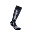 Alpinestars Youth MX Plus Socks, Motocross Knee-High Socks, Black and Gray, featuring white Alpinestars branding, ribbed texture with reinforced heel and toe, breathable single-layer construction for off-road performance