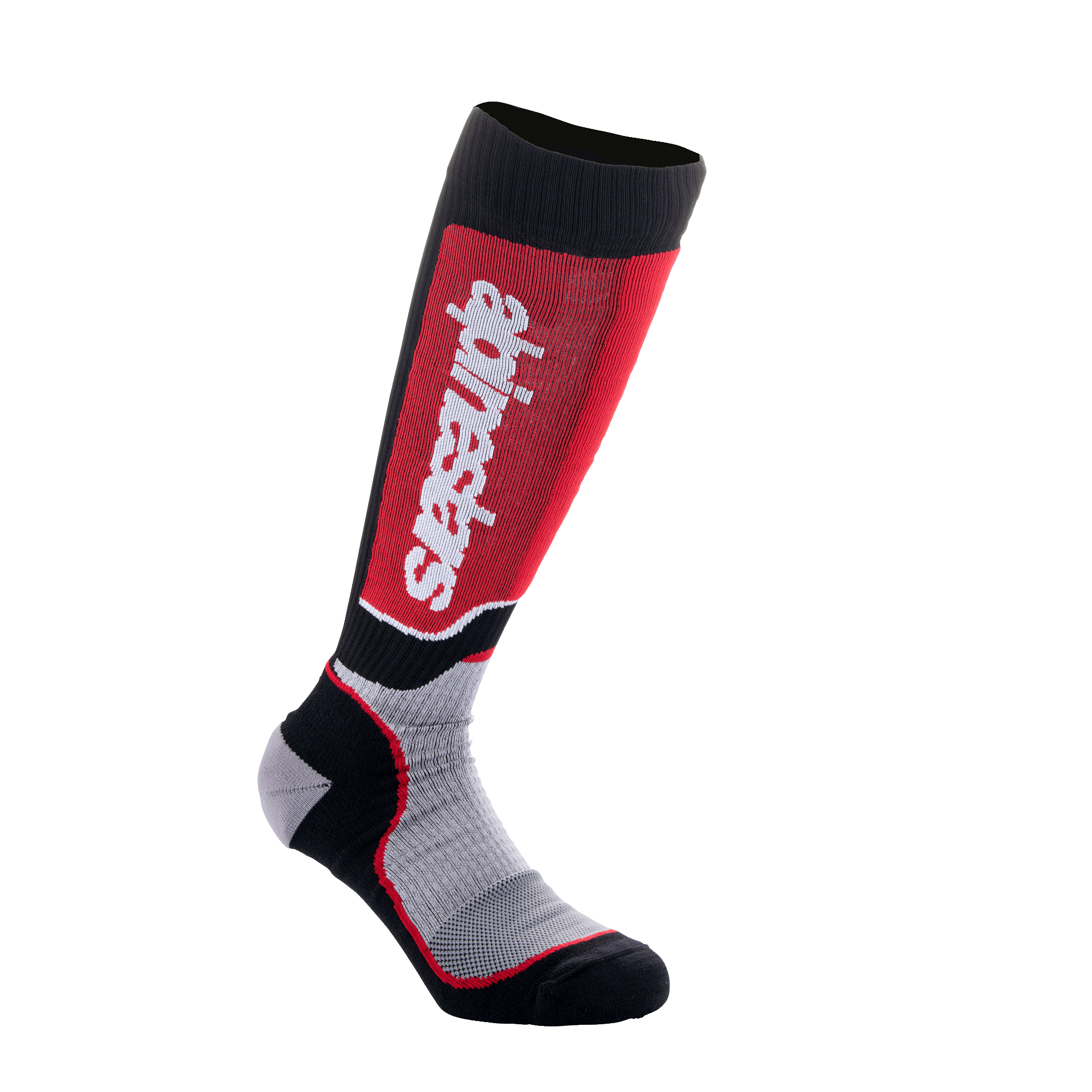 Alpinestars Youth MX Plus Socks, Motocross Riding Socks, Black Gray and Red, featuring vertical white logo on red shin panel, technical single-layer construction with breathable mesh zones, designed for off-road motorcycle boots
