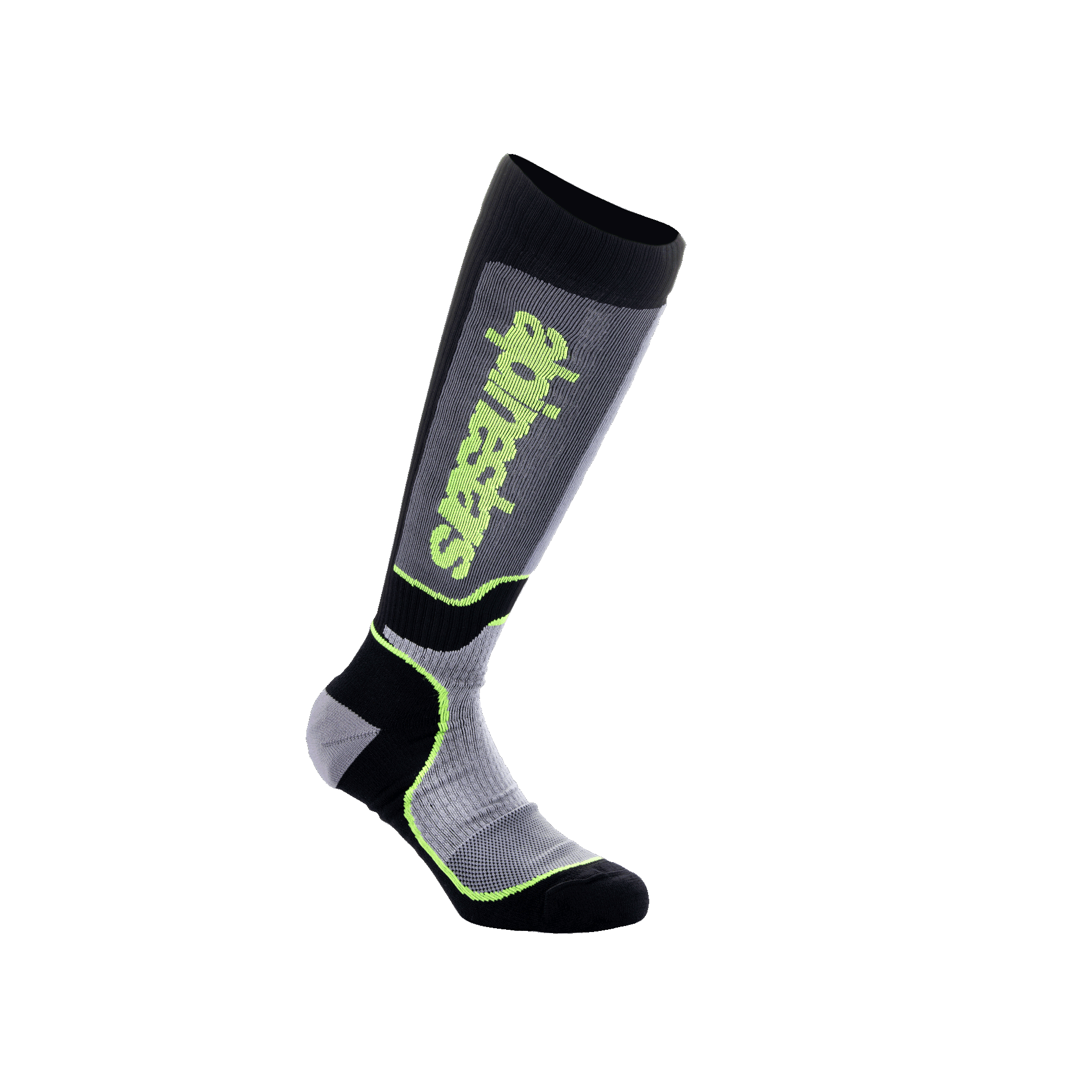 Alpinestars Youth MX Plus Socks, Motocross Riding Socks, Black Gray and Yellow Fluo, knee-high performance design with ribbed construction and Alpinestars logo, for off-road motorcycle racing
