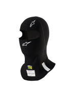 Alpinestars ZX Evo V3 Balaclava, Black, flame-resistant auto racing head sock, featuring white Alpinestars logos, hydration tube port, and FIA/SFI homologation tags, lightweight and ergonomic design for motorsport use