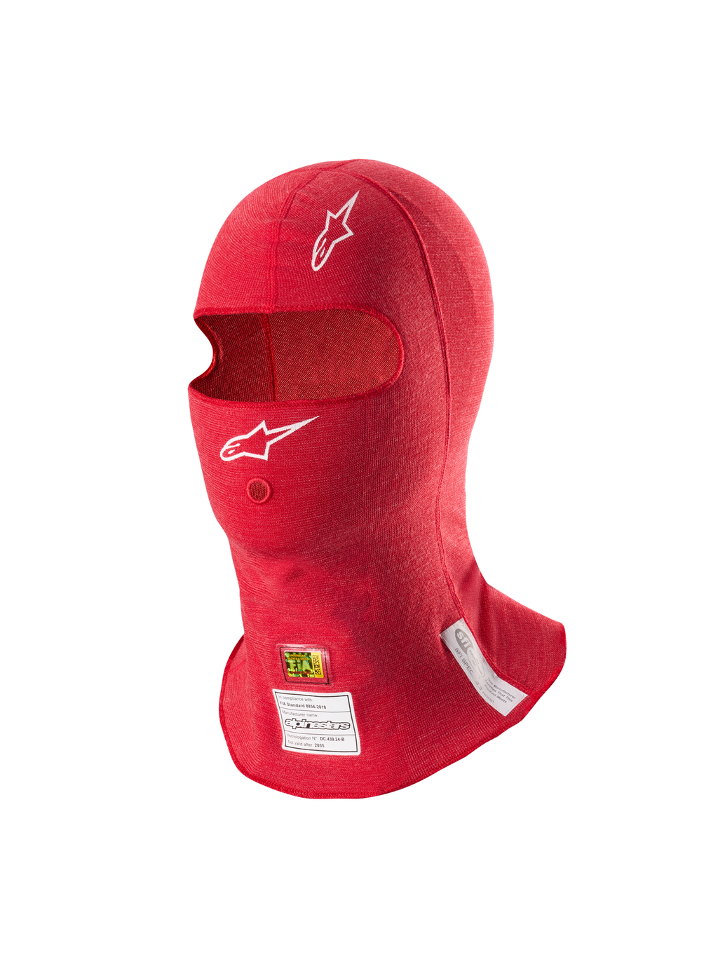 Alpinestars ZX Evo V3 Balaclava, Red, Flame-Resistant Auto Racing Head Layer, featuring white Astars logos, hydration tube opening, and FIA and SFI certification labels on the bottom edge.