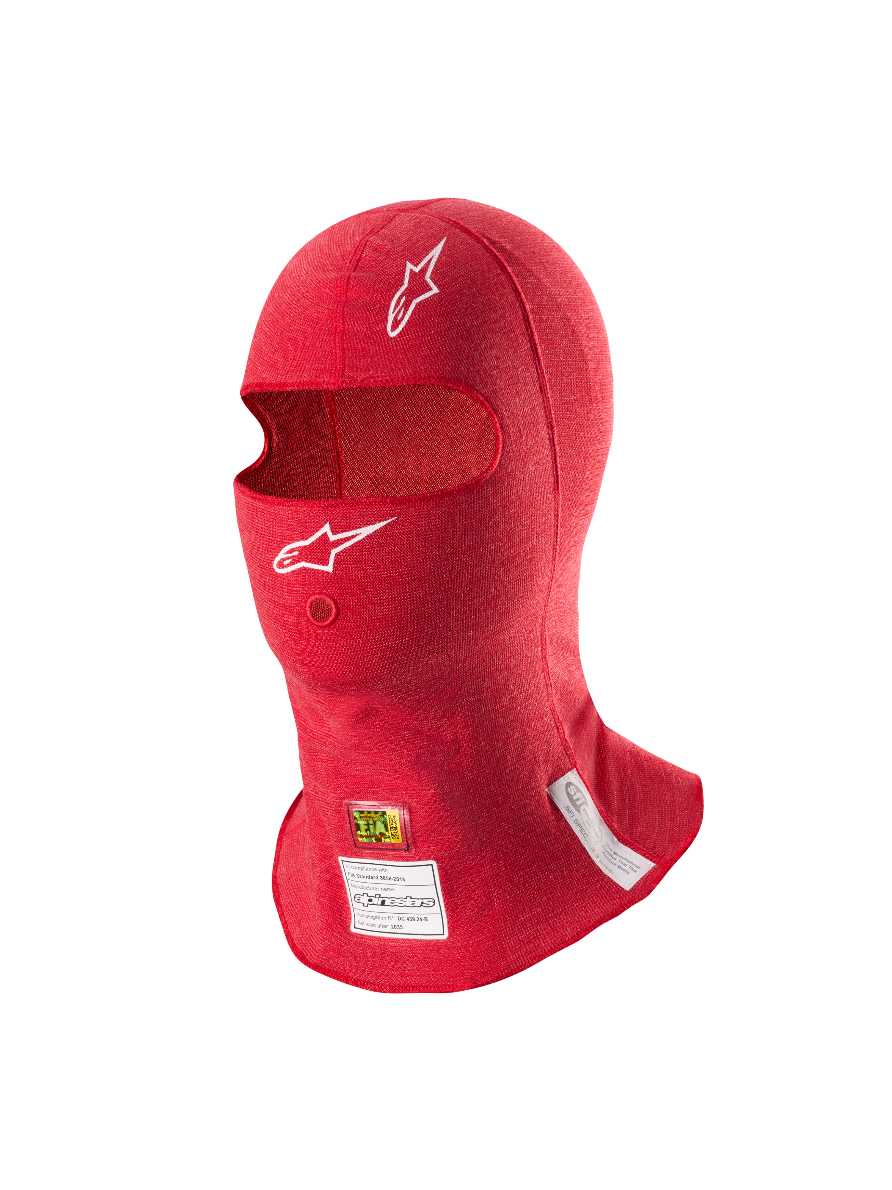 Alpinestars ZX Evo V3 Balaclava, Red, Flame-Resistant Auto Racing Head Layer, featuring white Astars logos, hydration tube opening, and FIA and SFI certification labels on the bottom edge.