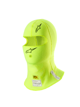 Alpinestars ZX Evo V3 Balaclava, Auto Racing Headgear, Yellow Fluo, featuring black star logos on the forehead and chin, FIA and SFI certification labels on the neck, lightweight flame-resistant material with a hydration tube opening
