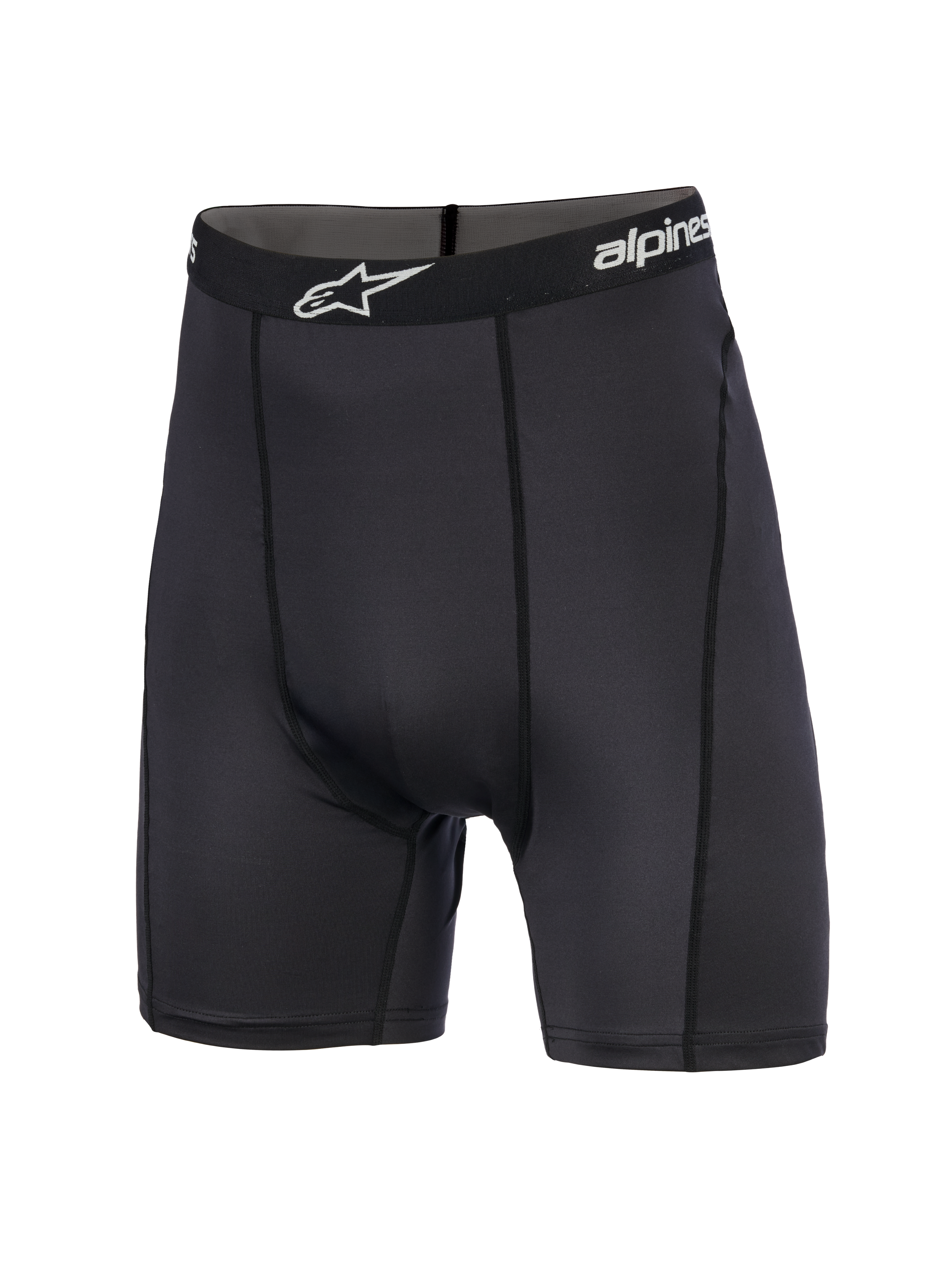 Alpinestars MX Boxer, Motocross Base Layer Shorts, Black, mid-thigh length featuring a branded elastic waistband with white star logo, athletic fit with vertical seams