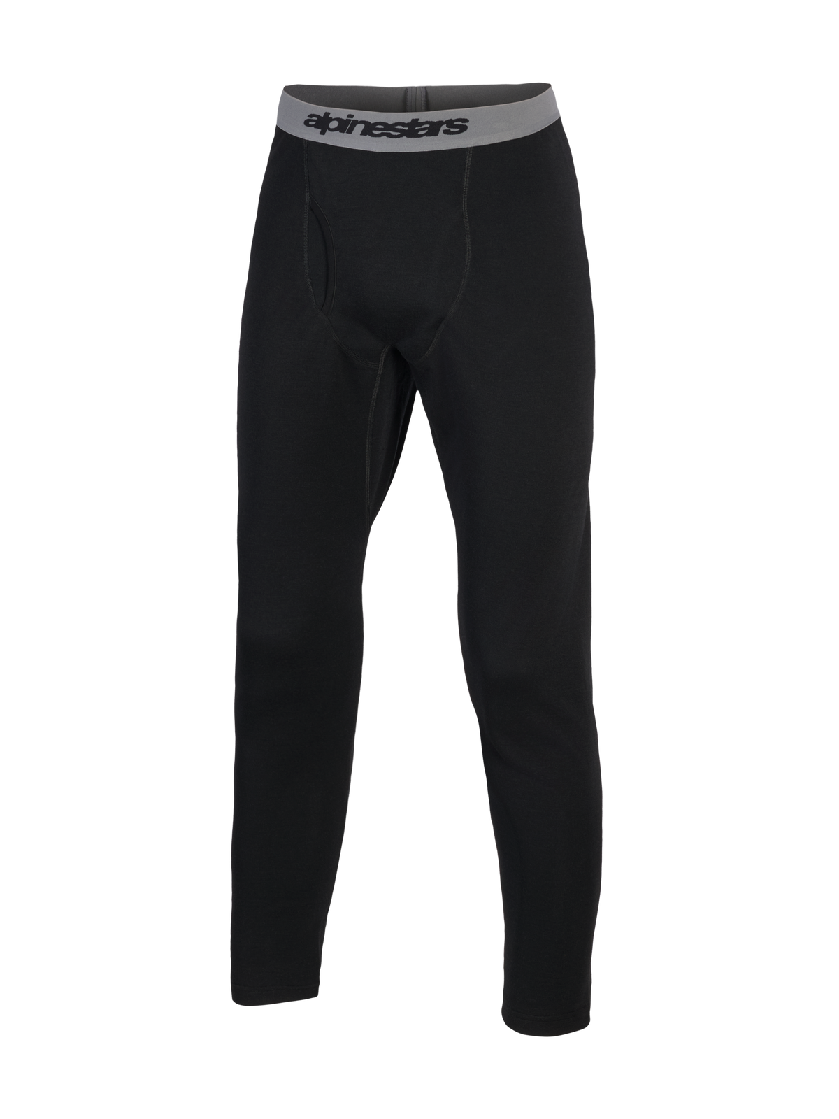 Alpinestars At 8 Merino Bottom Base Layer, motorcycle adventure tech layer pants, Black with grey elastic waistband and branding, merino wool and polyester thermal construction