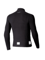 Alpinestars ZX Evo V3 Long Sleeve Top, Black Auto Racing Base Layer, back view featuring a small gray logo on the neck and white FIA/SFI certification labels at the bottom hem, lightweight flame-resistant design.